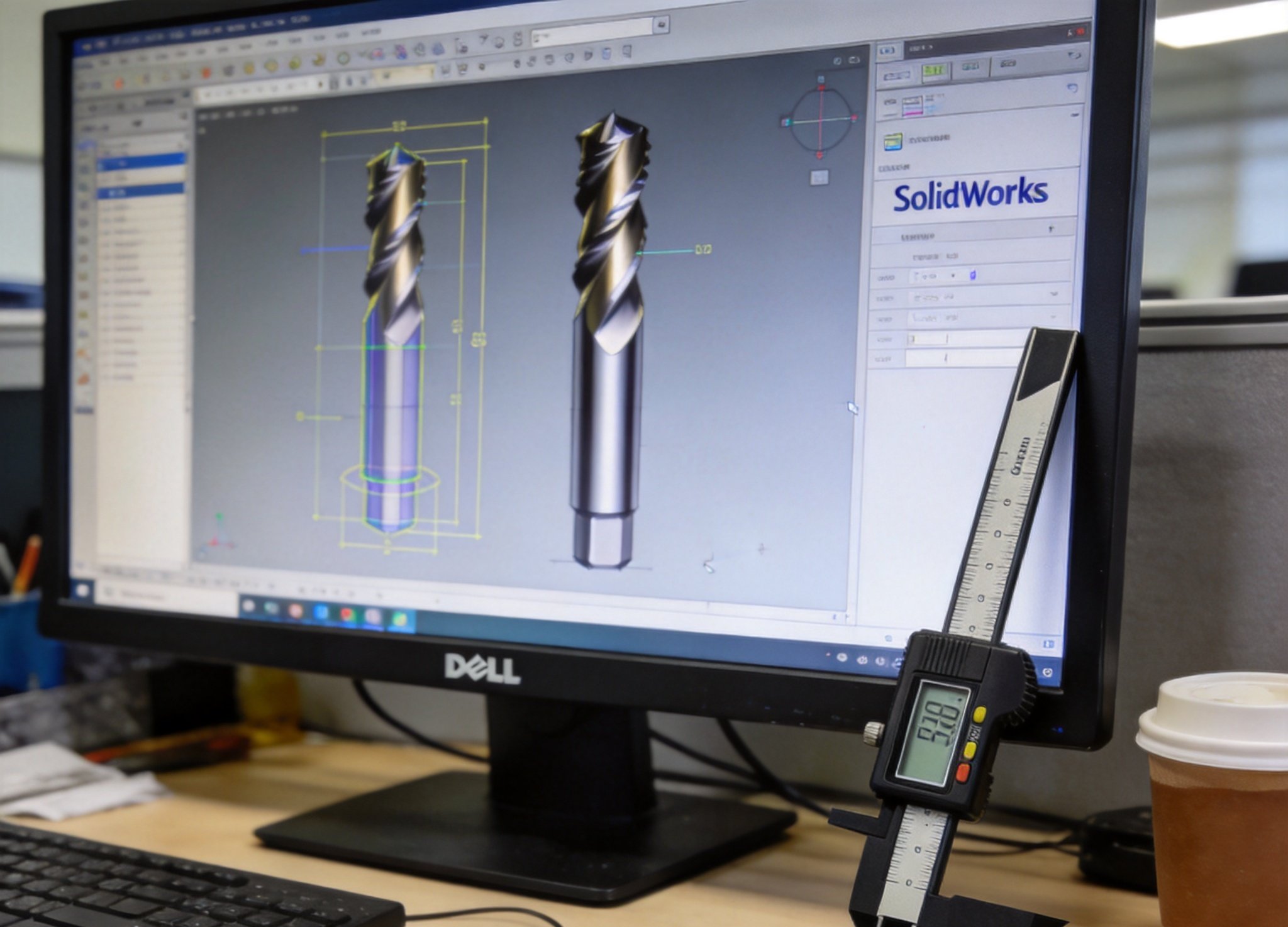 Engineer designing carbide cutting tool — 3D CAD model on display