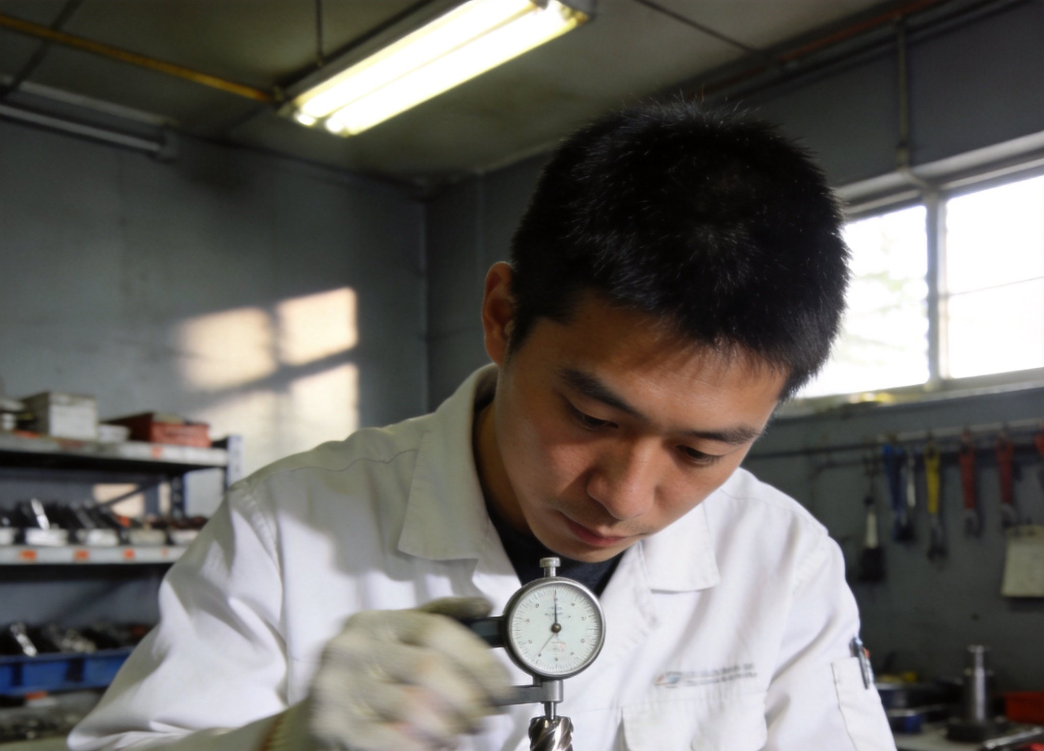 Professional technician inspecting carbide end mill